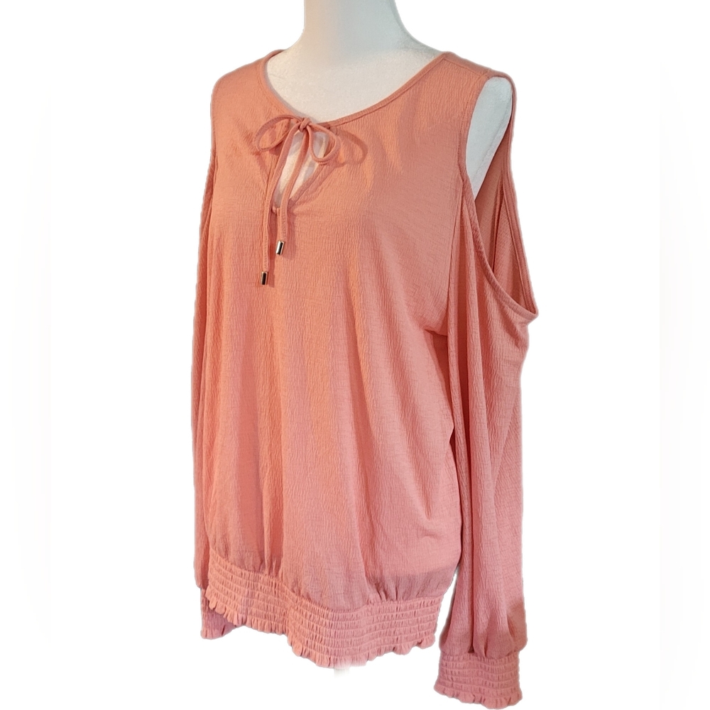 NWT INC cold shoulder, long sleeve, lightweight coral color blouse. Sz Lg - Picture 8 of 16